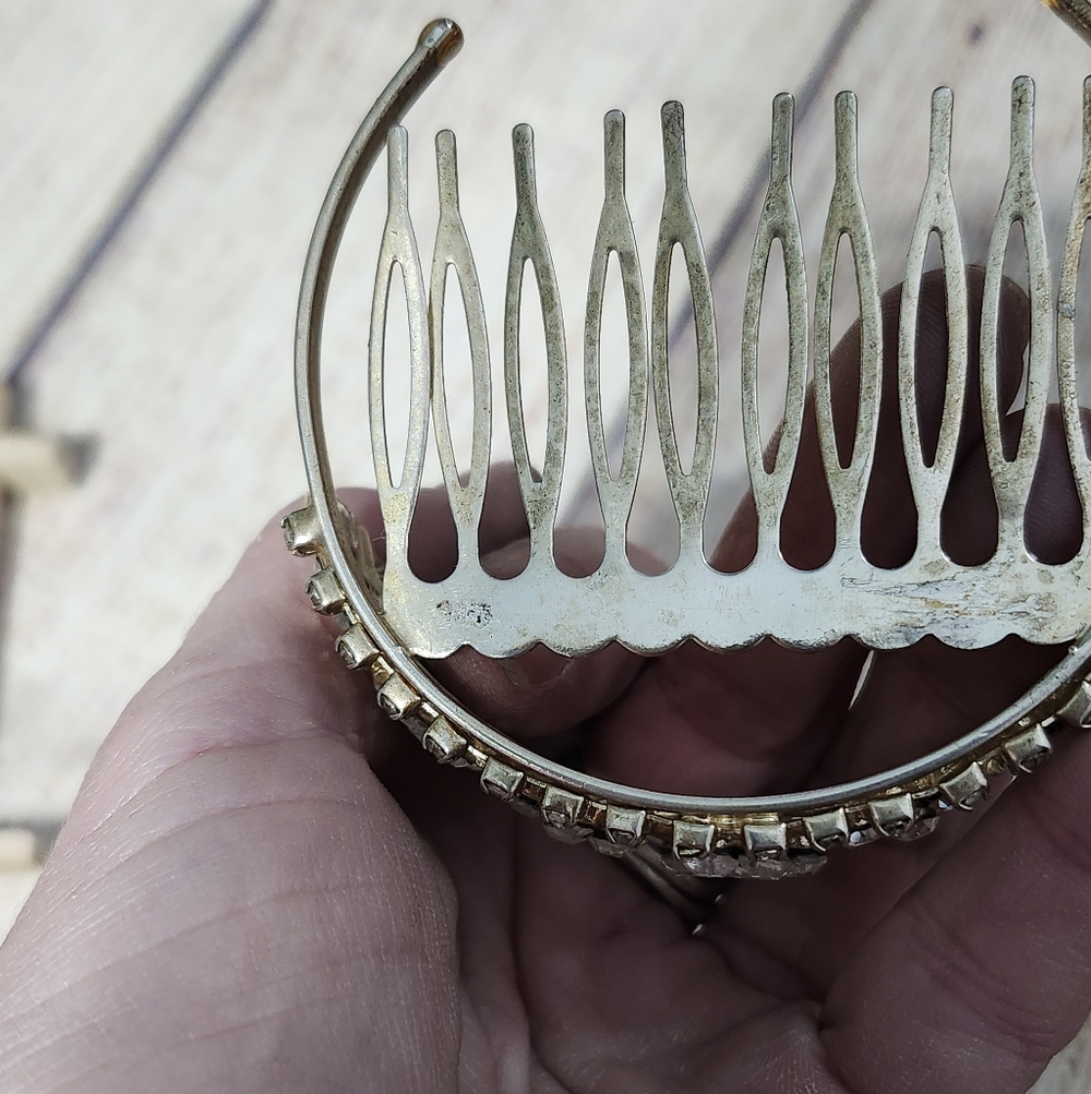Vintage Light Gold 925 Marked Mini Tiara Rhinestone Comb - Picture 6 of 10